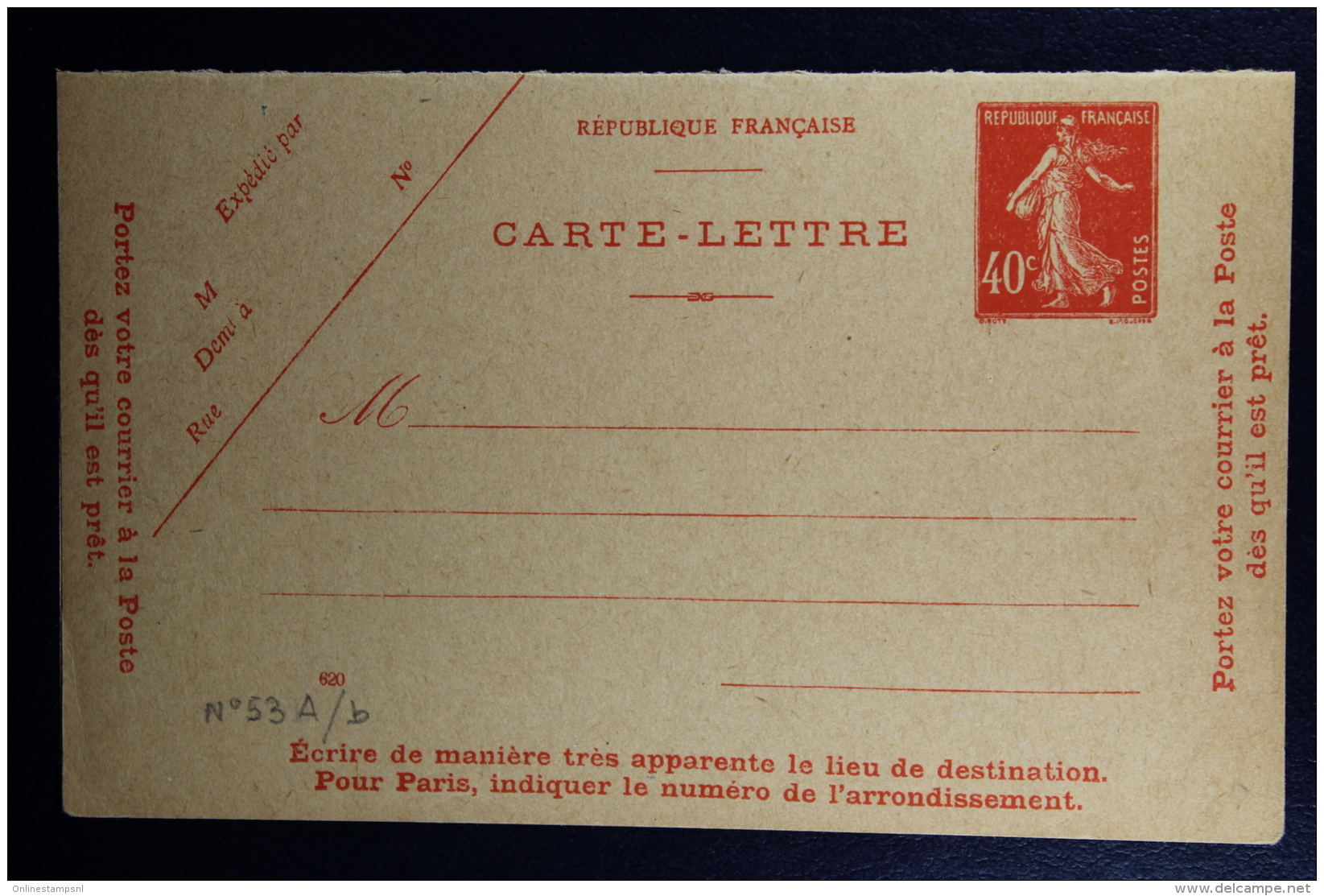 France: Carte-Lettre  Semeuse Camee  40 C.   Type P2 A   Non Perforée Not Used   Date 620 - Cartes-lettres