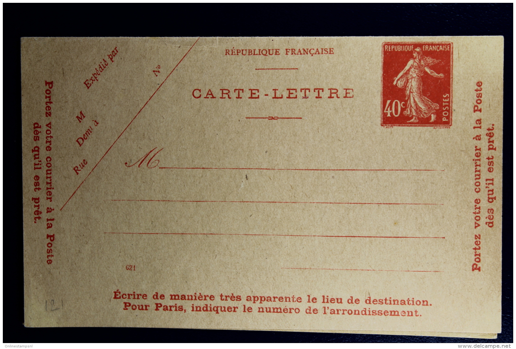 France: Carte-Lettre  Semeuse Camee  40 C.   Type P2 A Not Used   Date 621 Non Perforée Avec Gomme - Cartoline-lettere