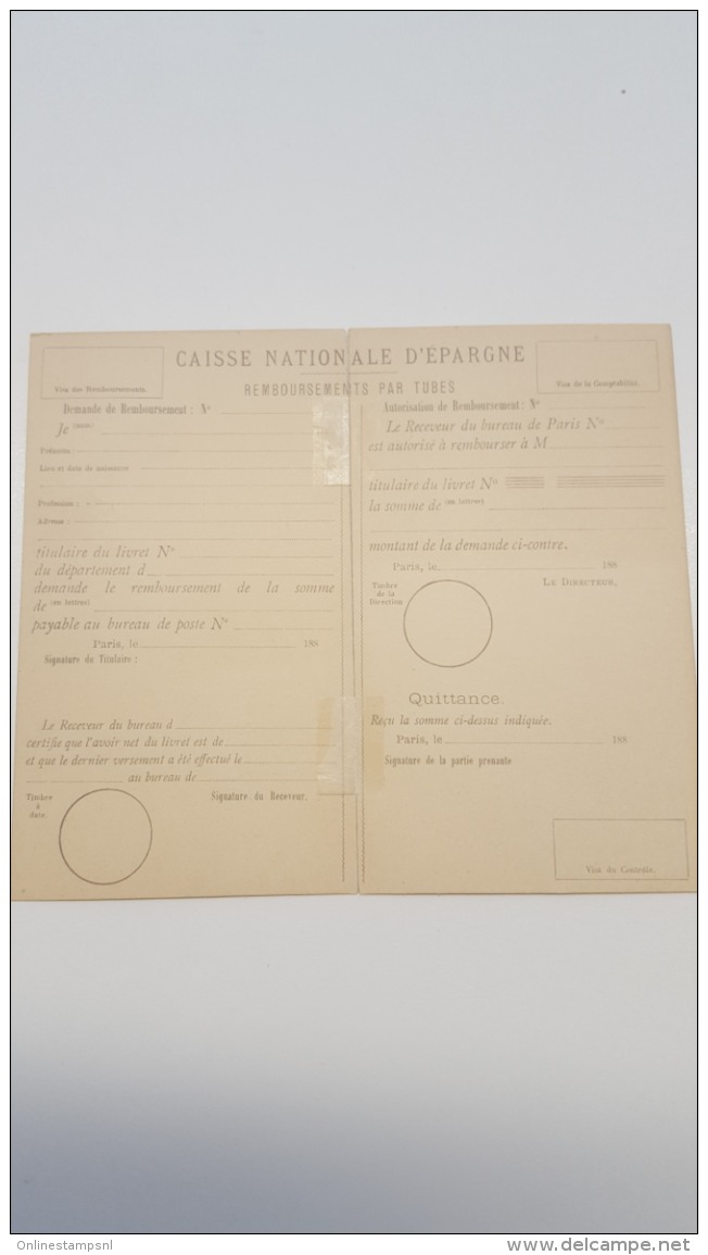 France: Caisse Nationale D'epargne  B27 Neuf Separée  (Remboursement)0 - Pneumatic Post