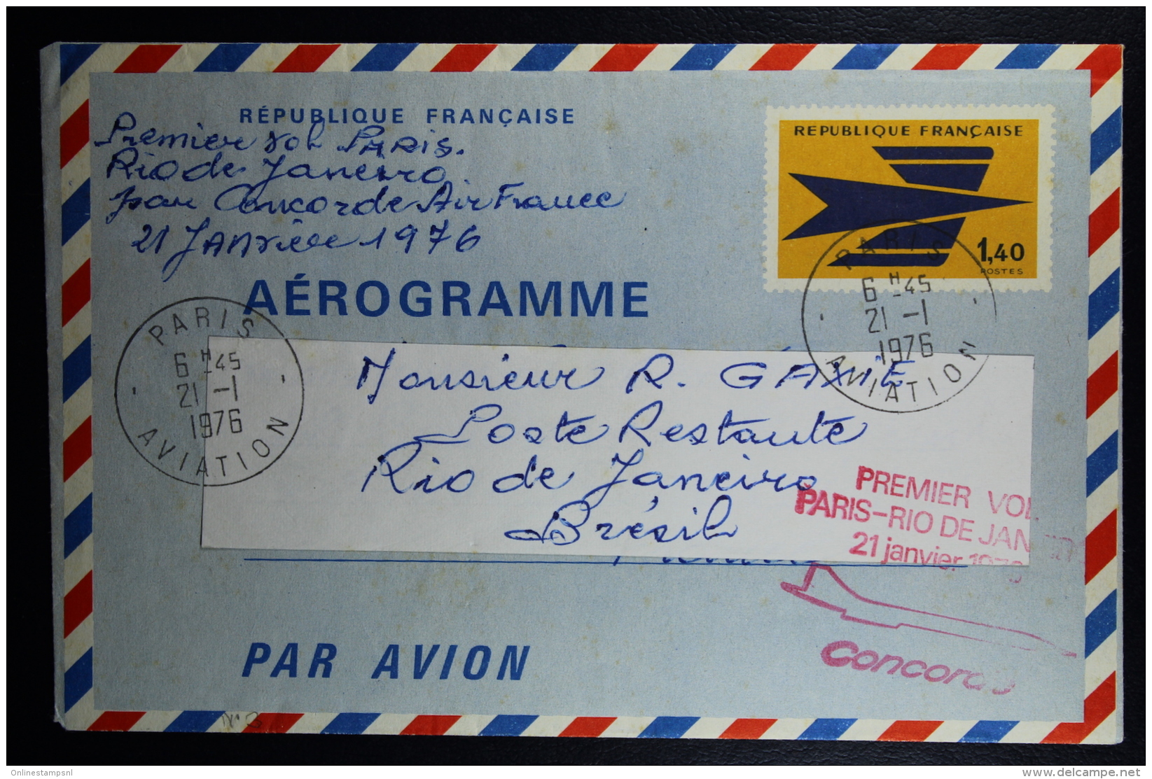 France: Entier : Aérogrammme Concorde Premier Vol Paris -&gt; Rio De Janairo 1976  B1 - Aerogramme