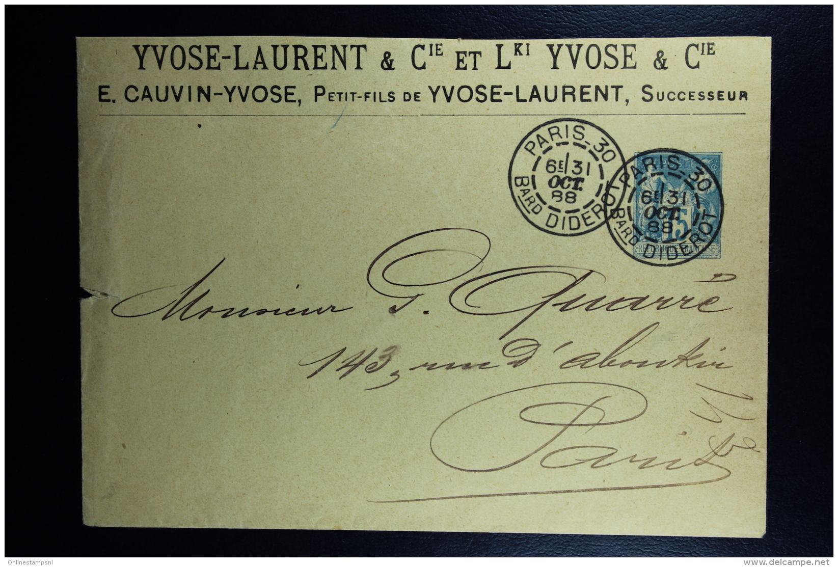 France: Entier : Enveloppe 15 C Sage Type J94 Yvose-Laurent &amp; Cie 1888 Sans Rabat - Standard- Und TSC-Briefe (vor 1995)