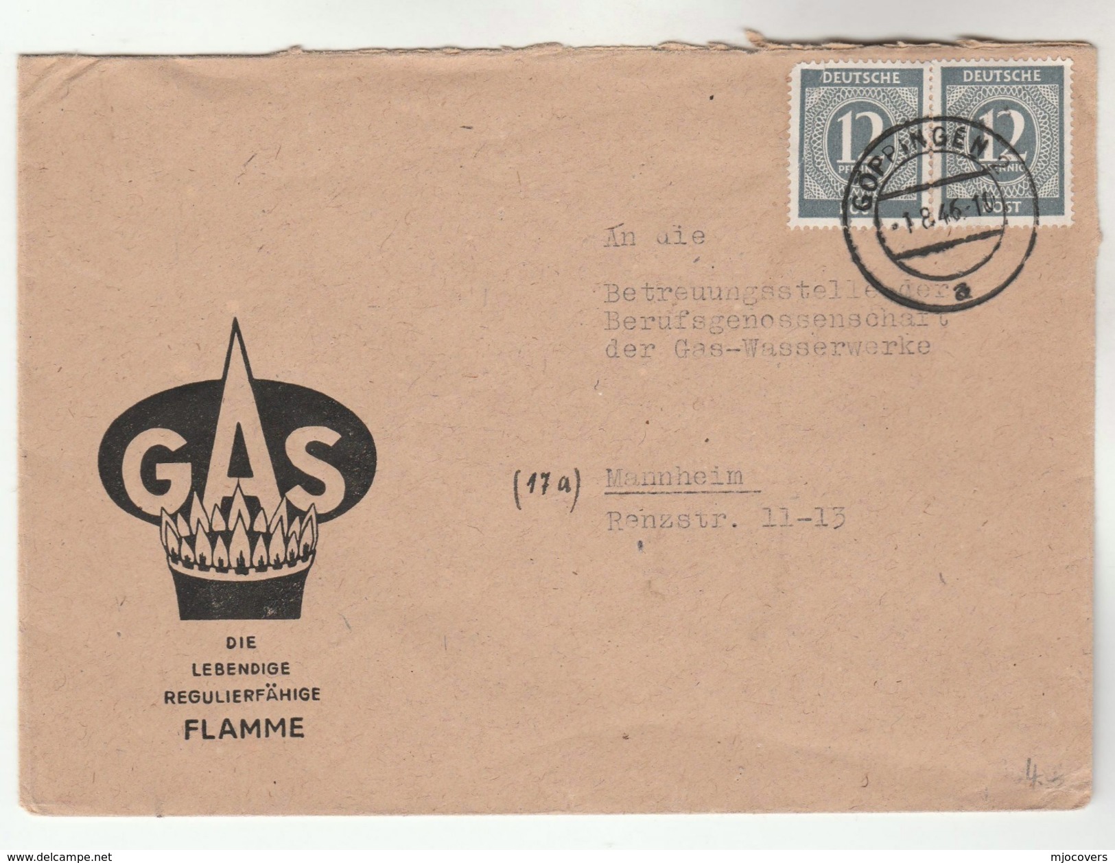 1946 Goppingen GERMANY COVER Illus GAS FLAME ADVERT Energy Stamps Allied Zone - Gas