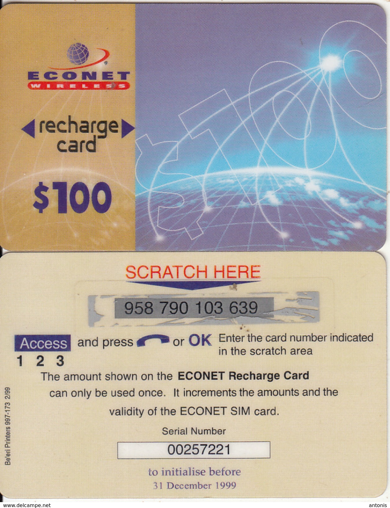 ZIMBABWE - Econet Recharge Card $100, Exp.date 31/12/99, Used - Zimbabwe