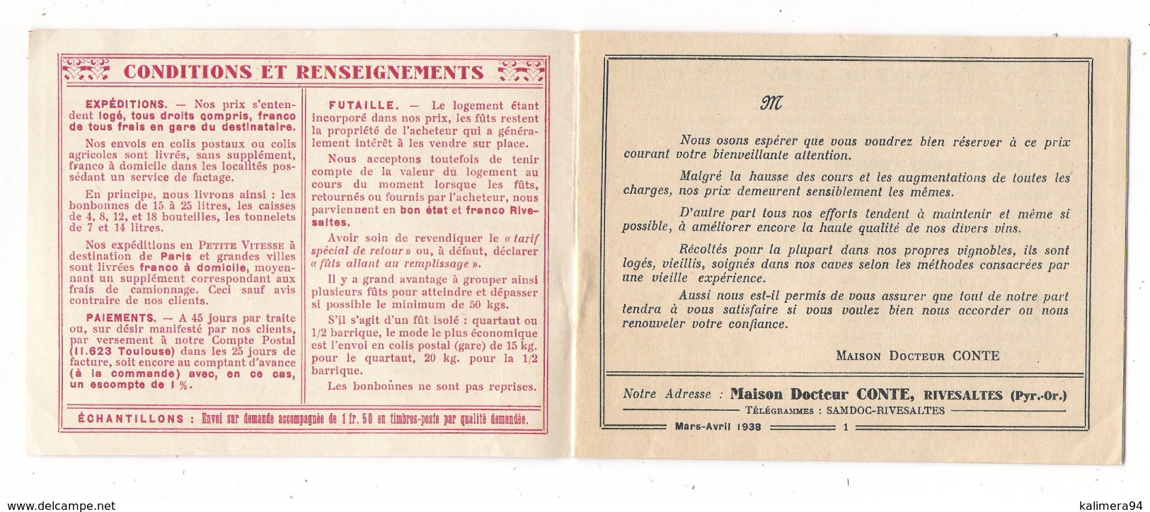 PYRENEES-ORIENTALES / RIVESALTES ( + BANYULS ) / MINI-CATALOGUE + TARIFS Des Vins Du "DOCTEUR CONTE" ( En 1938 ) - Rivesaltes