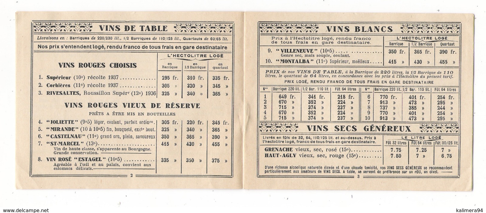 PYRENEES-ORIENTALES / RIVESALTES ( + BANYULS ) / MINI-CATALOGUE + TARIFS Des Vins Du "DOCTEUR CONTE" ( En 1938 ) - Rivesaltes