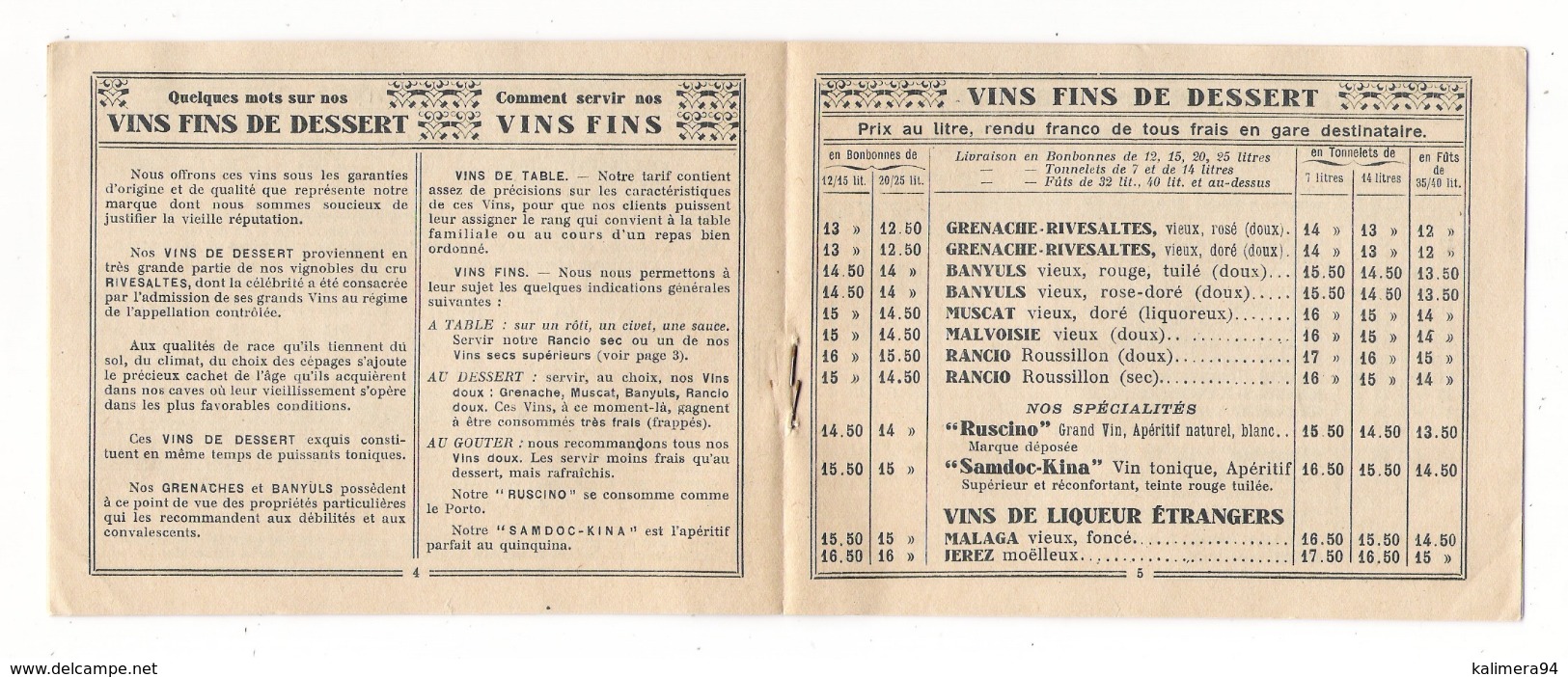 PYRENEES-ORIENTALES / RIVESALTES ( + BANYULS ) / MINI-CATALOGUE + TARIFS Des Vins Du "DOCTEUR CONTE" ( En 1938 ) - Rivesaltes