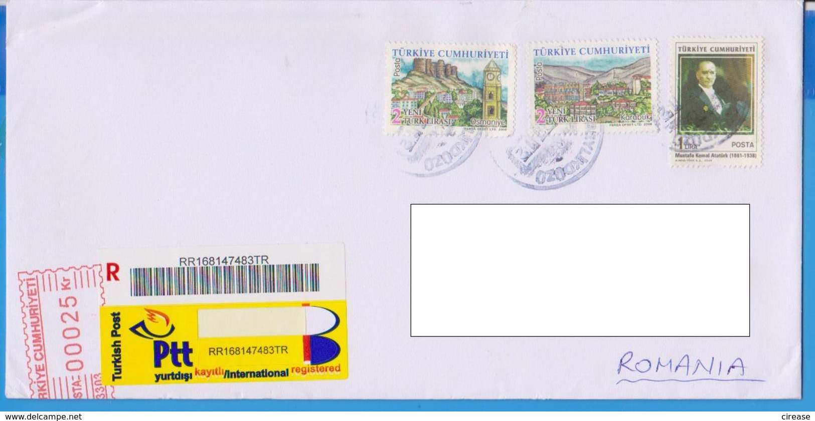 REGISTERED LETTER STAMPS  PERSONALITIES MUSTAFA KEMAL ATATURK ARCHITECTURE TURKEY SENT ROMANIA - Covers & Documents