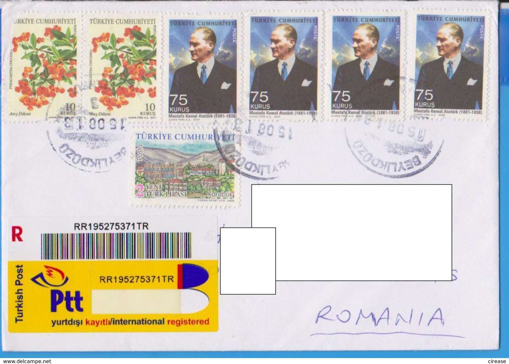 REGISTERED LETTER STAMPS PERSONALITIES MUSTAFA KEMAL ATATURK ARCHITECTURE FLOWERS TURKEY SENT ROMANIA - Covers & Documents