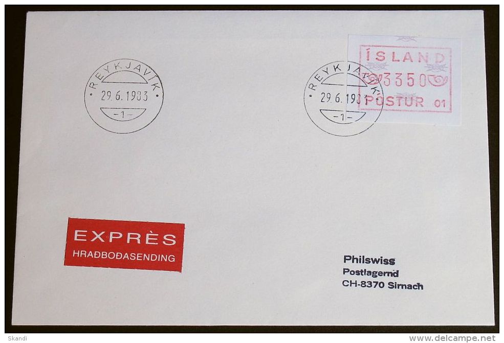 ISLAND 1983 Mi-Nr. ATM 1 Automatenmarke Express FDC - Franking Labels