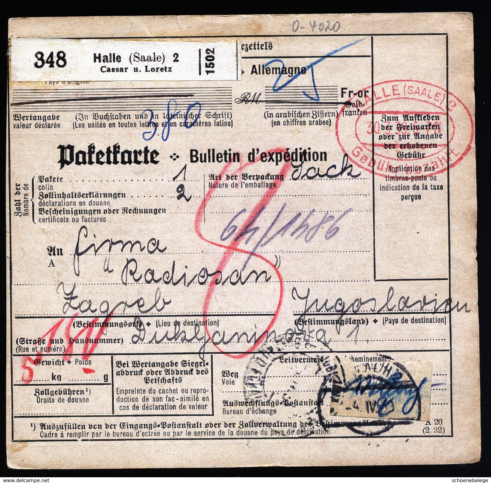 A4608) DR Paketkarte Von Halle 30.3.39 Nach Zagreb Nachporto - Briefe U. Dokumente