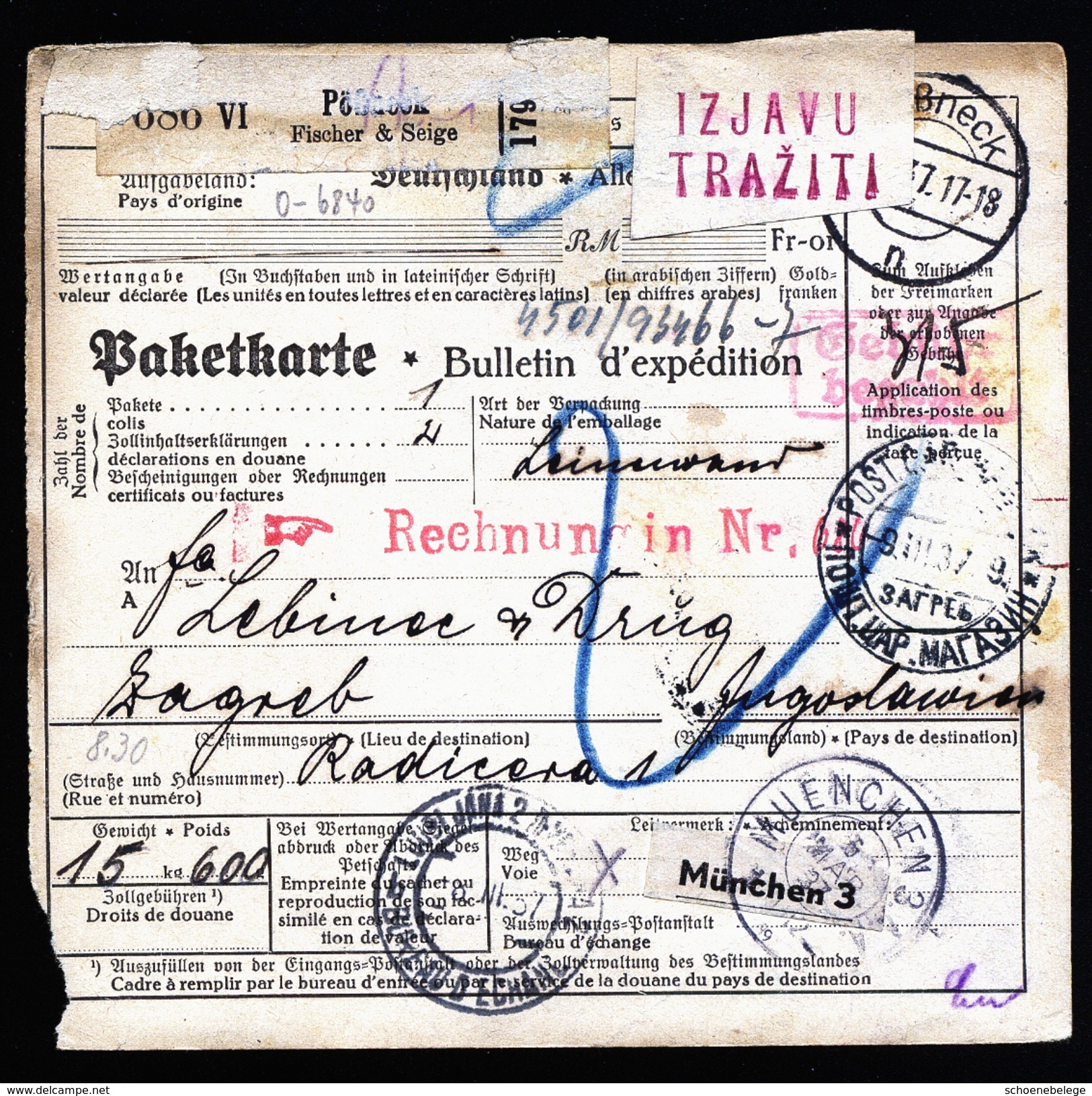A4609) DR Paketkarte Von Pößneck 9.3.37 Nach Zagreb Nachporto - Briefe U. Dokumente