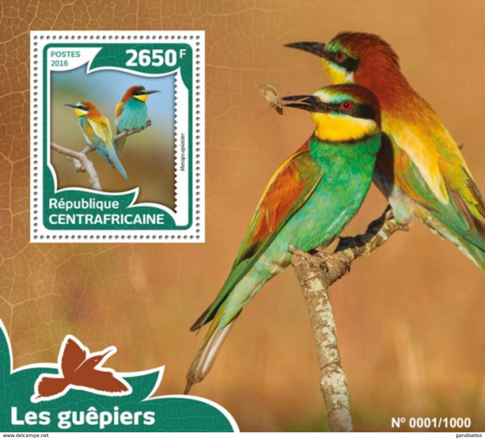 CENTRAFRICAINE 2016 SHEET BEE EATERS BIRDS GUEPIERS OISEAUX GRUCCIONE UCCELLI  PASSAROS PAJAROS VOGELS Ca16010b - Centrafricaine (République)