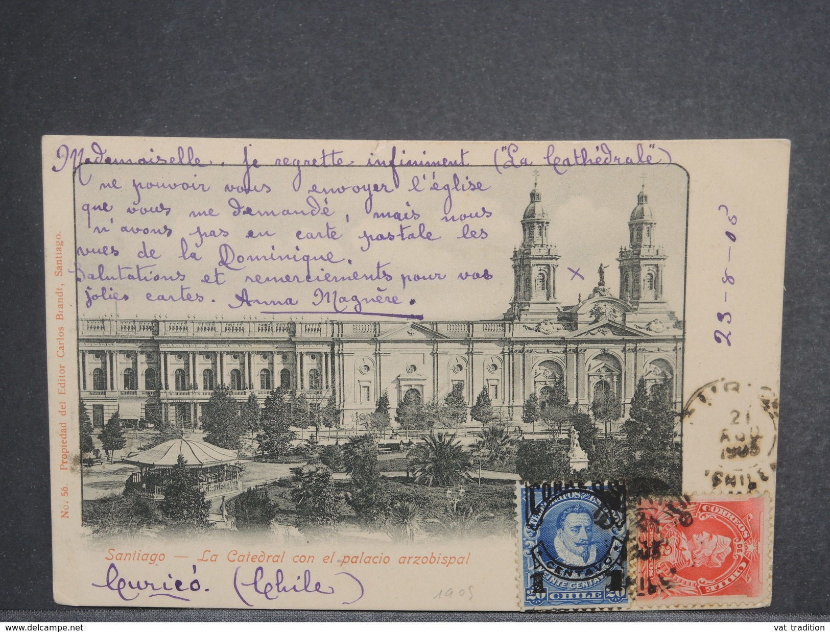 CHILI - Oblitération De Santiago Sur Carte Postale Pour La France En 1905 , Affranchissement Plaisant - L 7224 - Chili