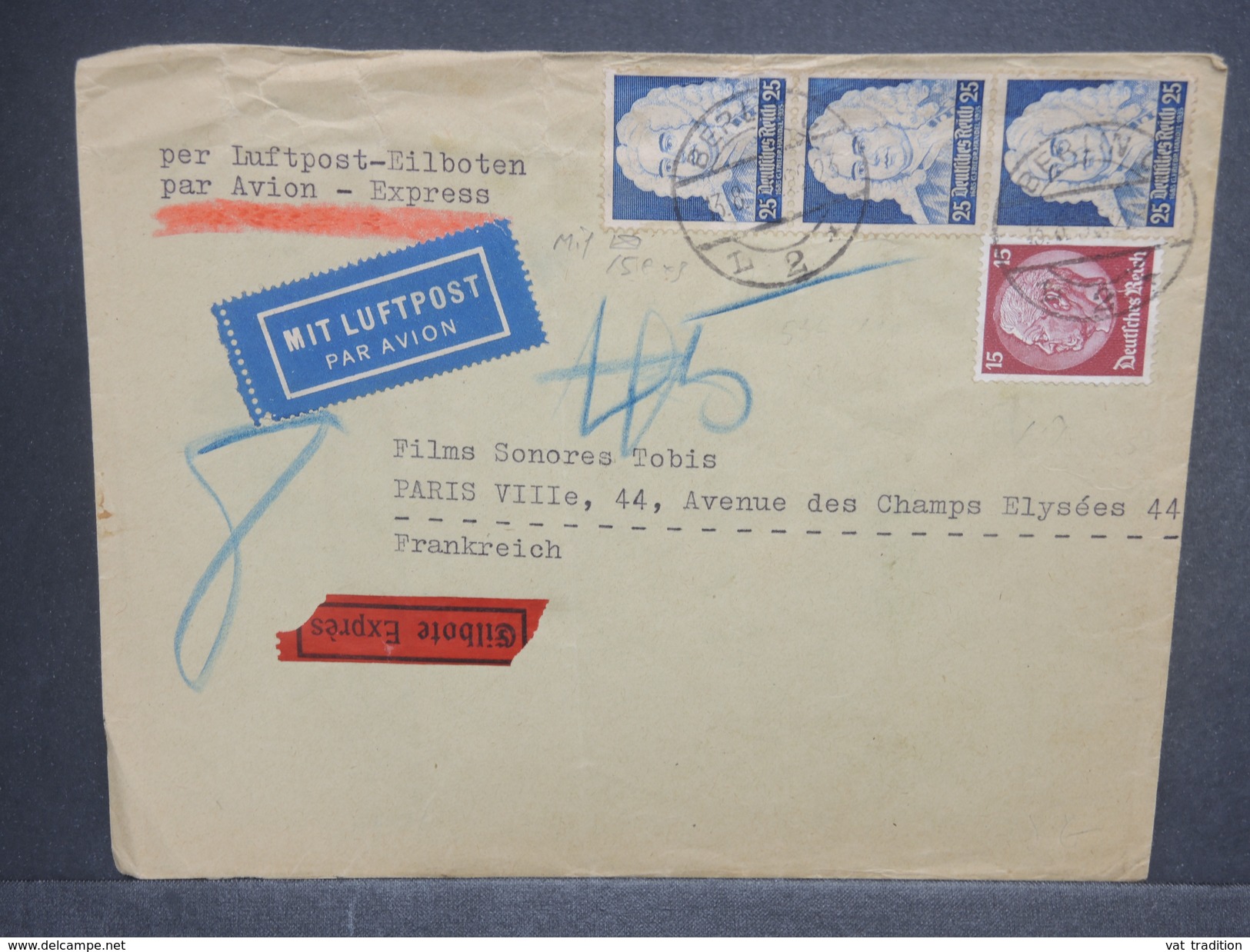 ALLEMAGNE - Enveloppe En Exprès Et Par Avion De Berlin Pour La France En 1938 , Affranchissement Plaisant - L 7233 - Lettres & Documents