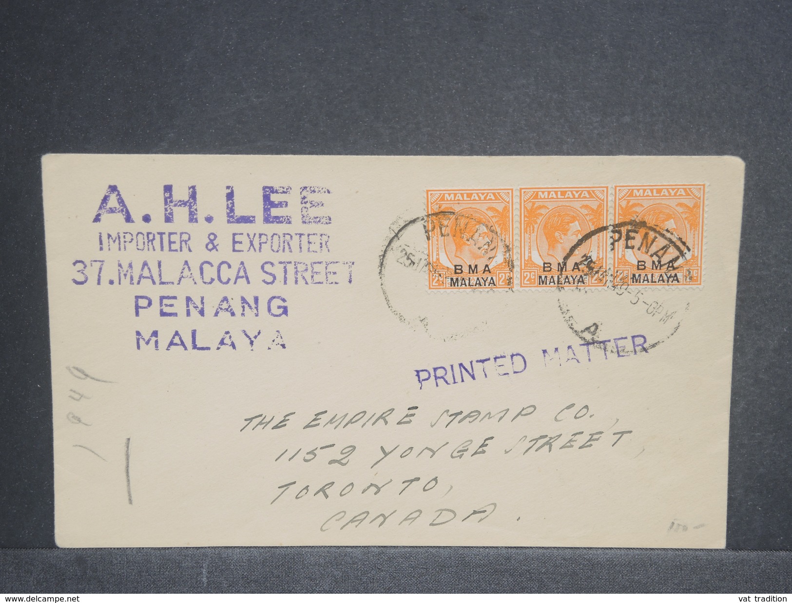 MALAISIE - Enveloppe Commerciale De Penang Pour Le Canada En 1949 , Affranchissement Plaisant Surchargé - L 7236 - Malaya (British Military Administration)