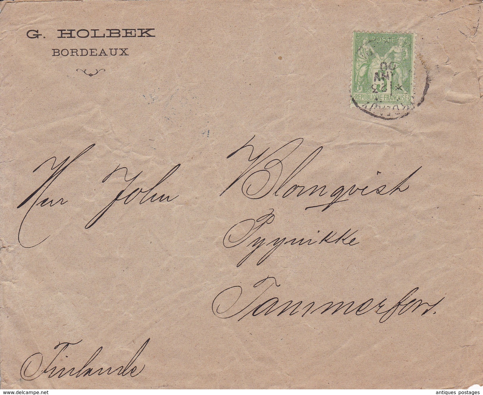 Lettre Bordeaux Gironde Pour Tammerfors Tampere Finlande Finland 1900 Timbre Type Sage 5c Vert Jaune - 1898-1900 Sage (Type III)