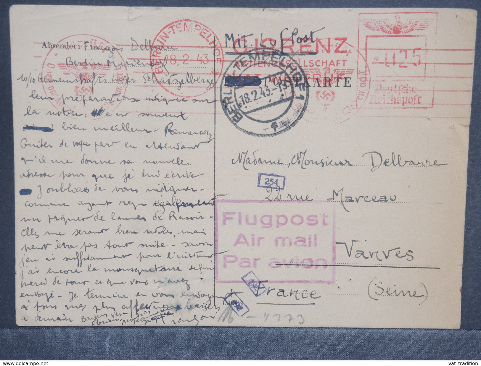 ALLEMAGNE - Carte De Berlin Pour La France Par Avion En 1943 , Contrôle Postal , Affranchissement Mécanique - L 7259 - Lettres & Documents