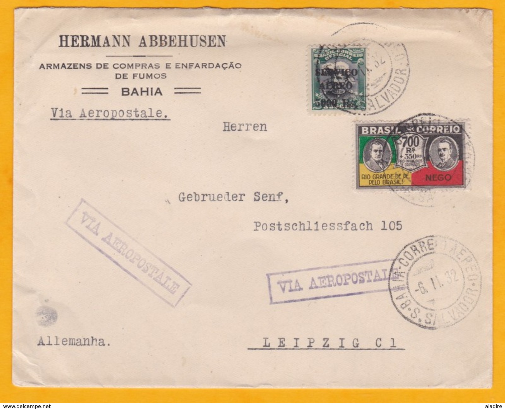 1932 - CGA Compagnie Générale Aéropostale, Ligne Mermoz - Enveloppe S. Bahia - Leipzig, Allemagne - Poste Aérienne (Compagnies Privées)