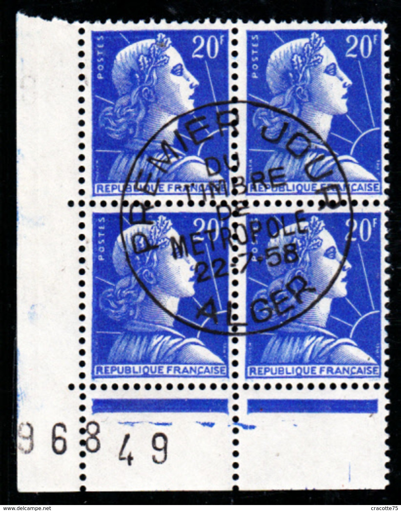 FRANCE - N°1011B - 20 F Bleu - Marianne De Muller En Bloc De 4 - Oblitération ALGER - "Timbre De Métropole Du 22.7.58". - 1955-1961 Marianne (Muller)