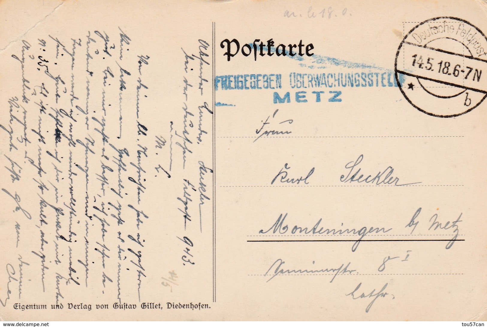 METZ - MOSELLE & REIMS - MARNE - (51)  - CPA ALLEMANDE EN FELDPOST DE 1918 - RARE  AFFRANCHISSEMENT POSTAL DE METZ. - Reims