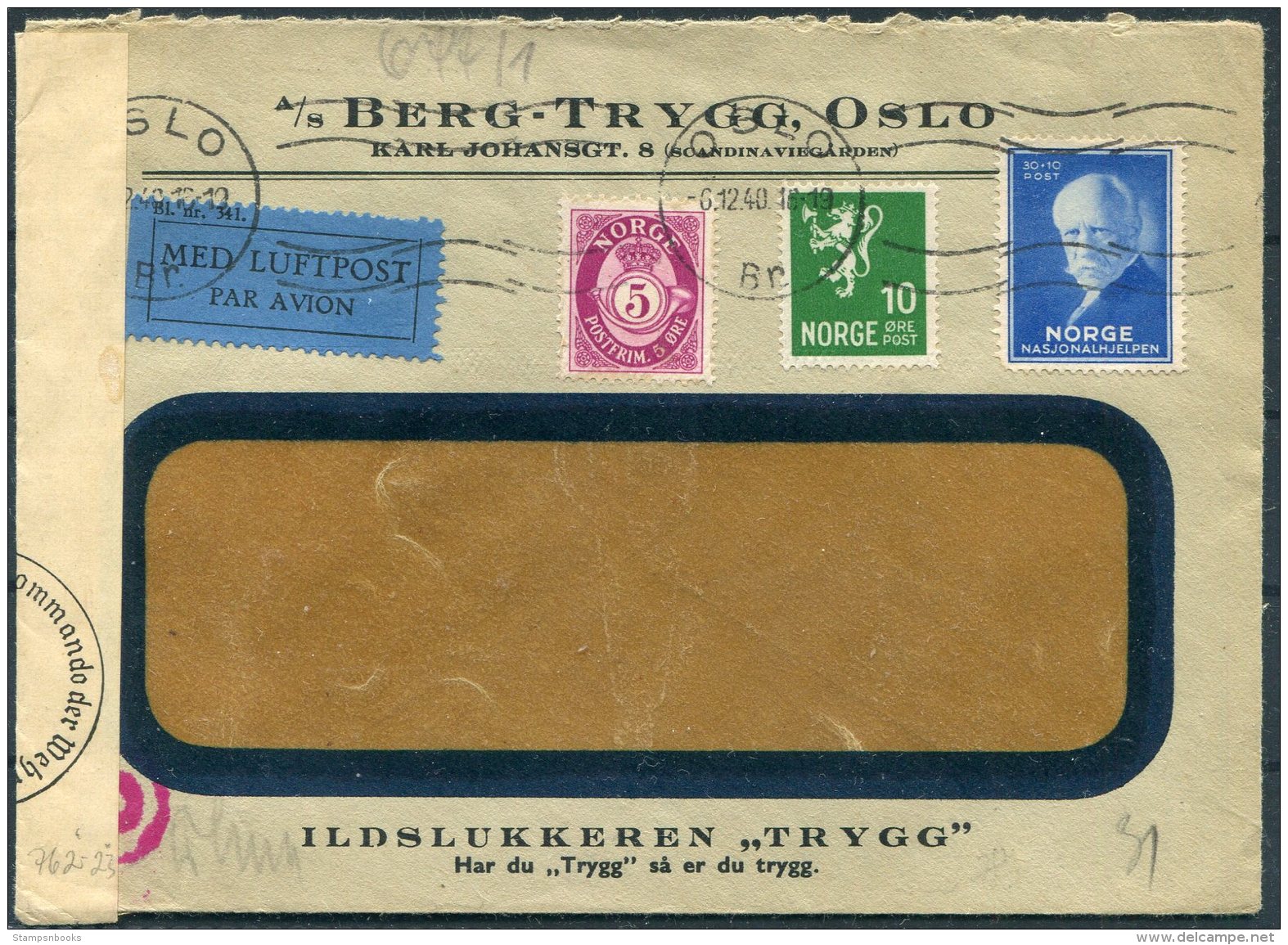 1940 Norway Oslo 'Trygg' Illustrated Advertising Airmail Censor Cover. Nansen 30+10 Ore Blue - Covers & Documents