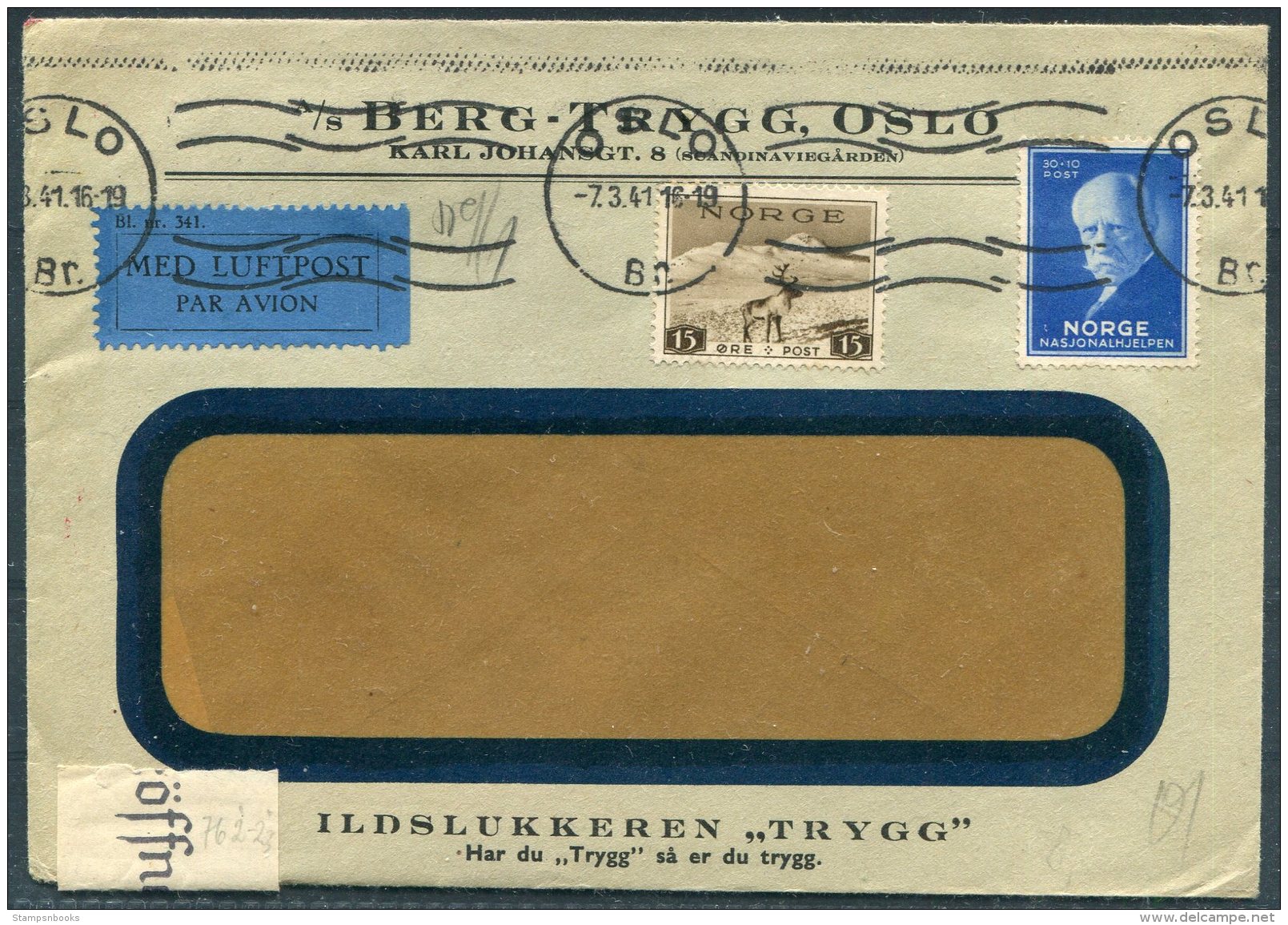 1941 Norway Oslo 'Trygg' Illustrated Advertising Airmail Censor Cover. Nansen 30+10 Ore Blue. Patriotic Vignette Label - Covers & Documents