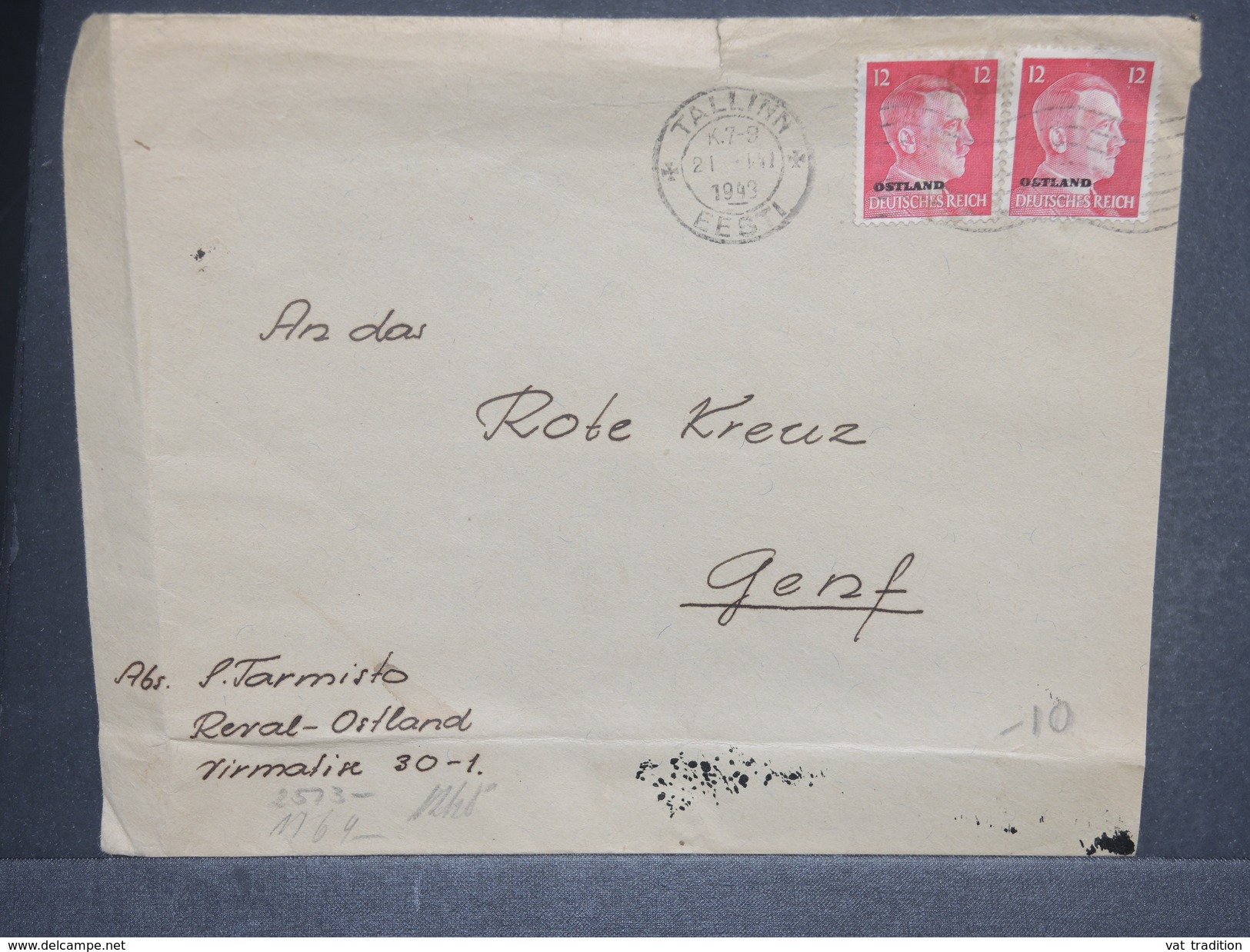 ALLEMAGNE / ESTONIE- Enveloppe De Tallinn Pour La Suisse En 1943 Avec Censure , Affr. Plaisant - L 7274 - Lettres & Documents