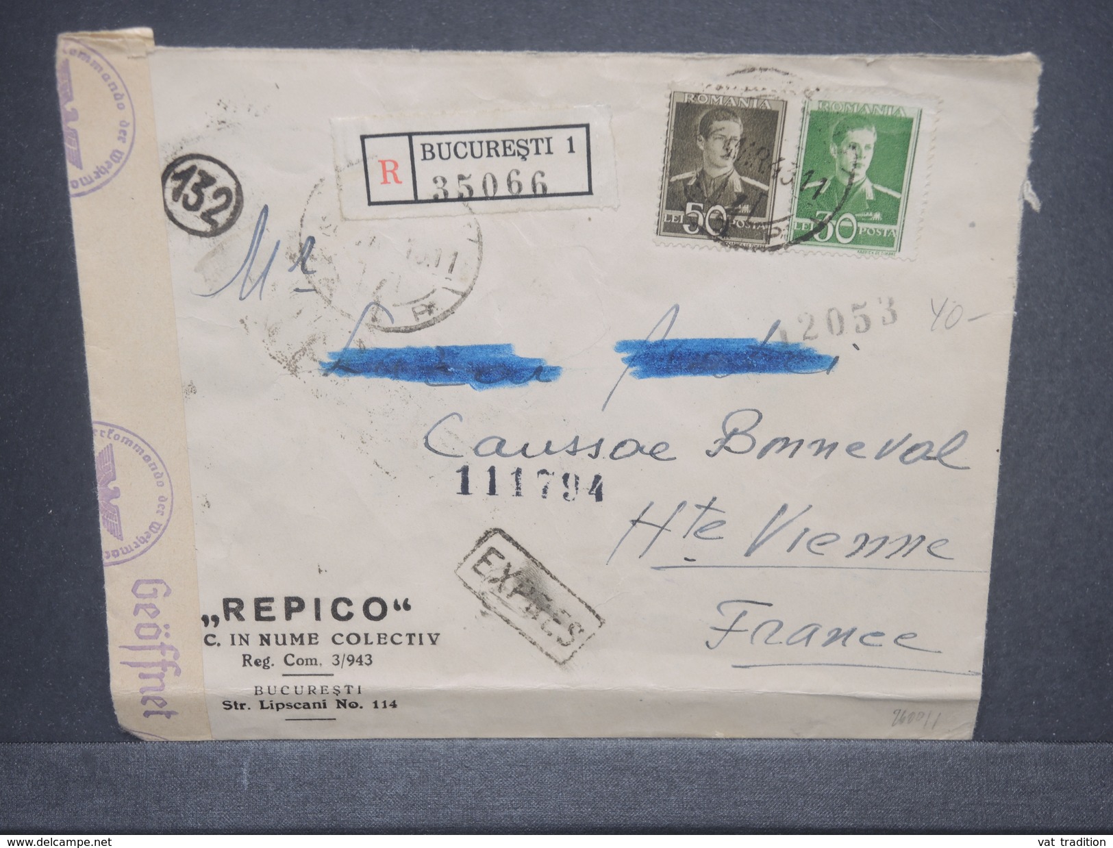 ROUMANIE - Enveloppe En Recommandé Exprès De Bucarest Pour La France En 1943 , Affranchissement Plaisant - L 7288 - Lettres 2ème Guerre Mondiale