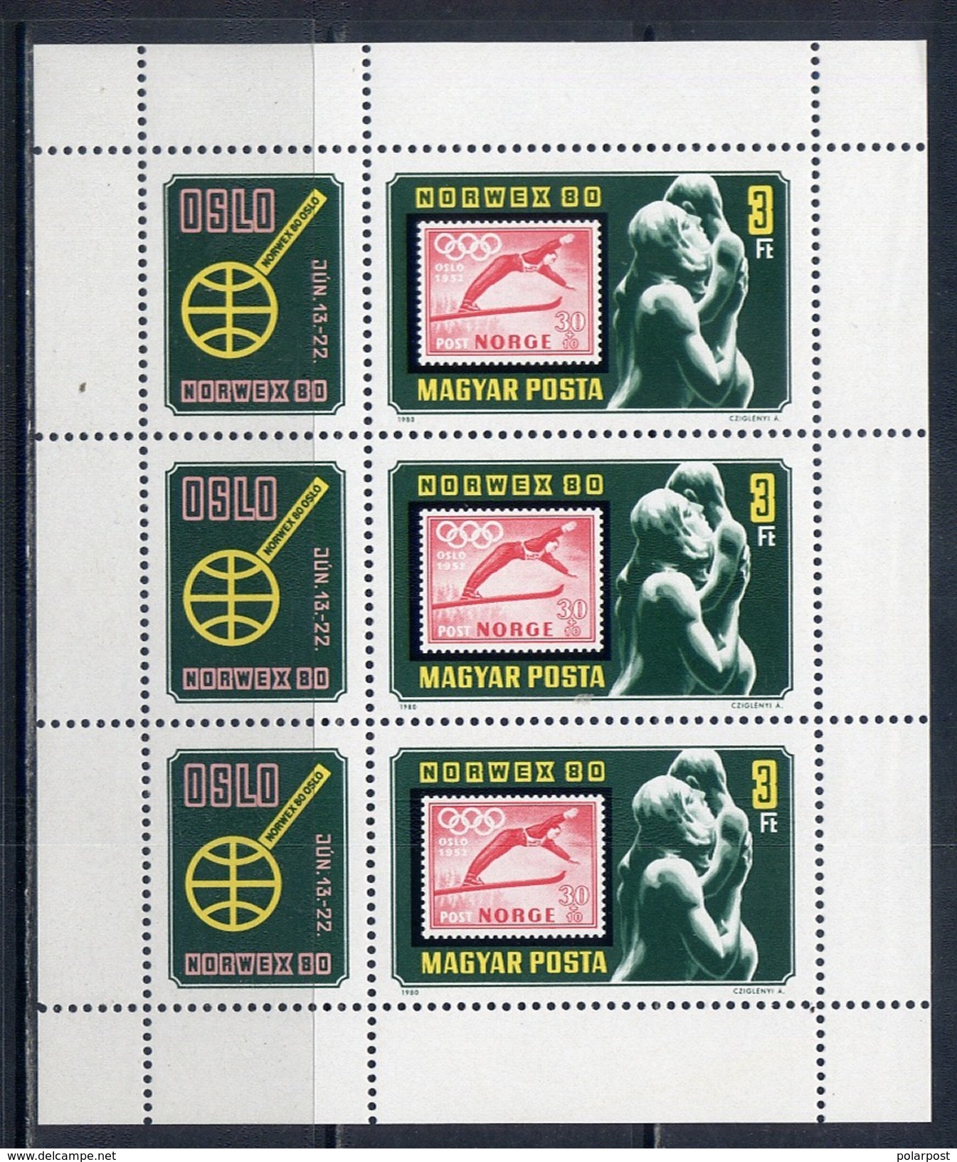 HUNGARY 1980 3429 PHILATELISTIC EXHIBITION «NORWEX-80». Stamps On Stamps. OLYMPIC GAMES OSLO - 52 - Winter 1952: Oslo