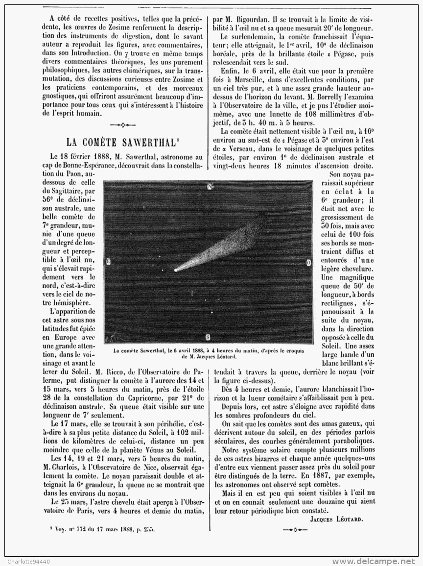 LA COMETE  " SAWERTHAL "   1888 - Astronomie
