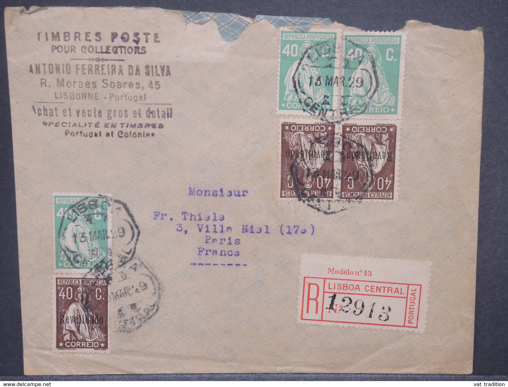 PORTUGAL - Enveloppe En Recommandé De Lisbonne Pour Paris En 1929 , Affranchissement Plaisant - L 7312 - Lettres & Documents