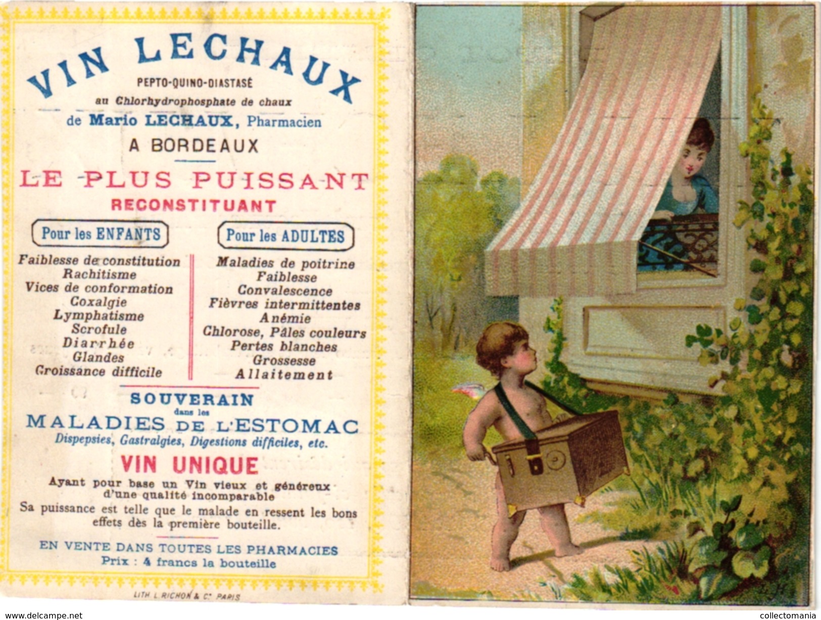 1Trade Card  Music Instrument Orgue De Barbarie Rotary Organ Pub Vin Lechaux Litho L.Richon Paris Carte Pliante - Other & Unclassified