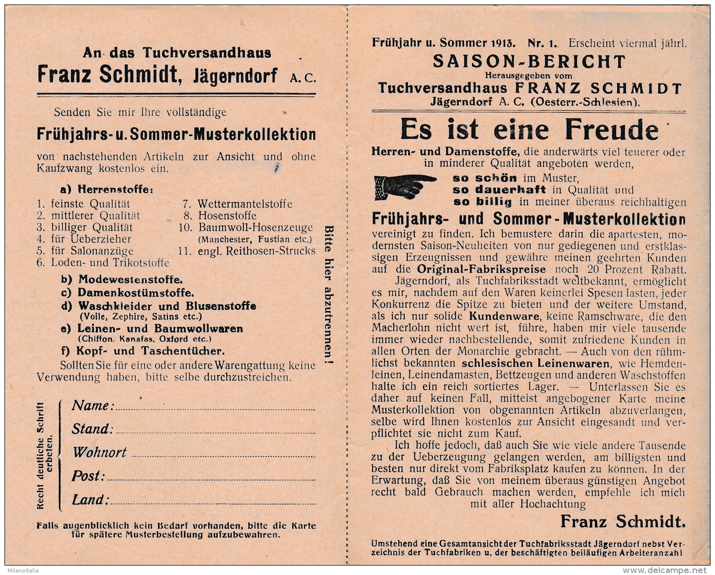 Tuchversandhaus Franz Schmidt - Jägerndorf, Oesterr. Schlesien * 1913 - Tschechische Republik