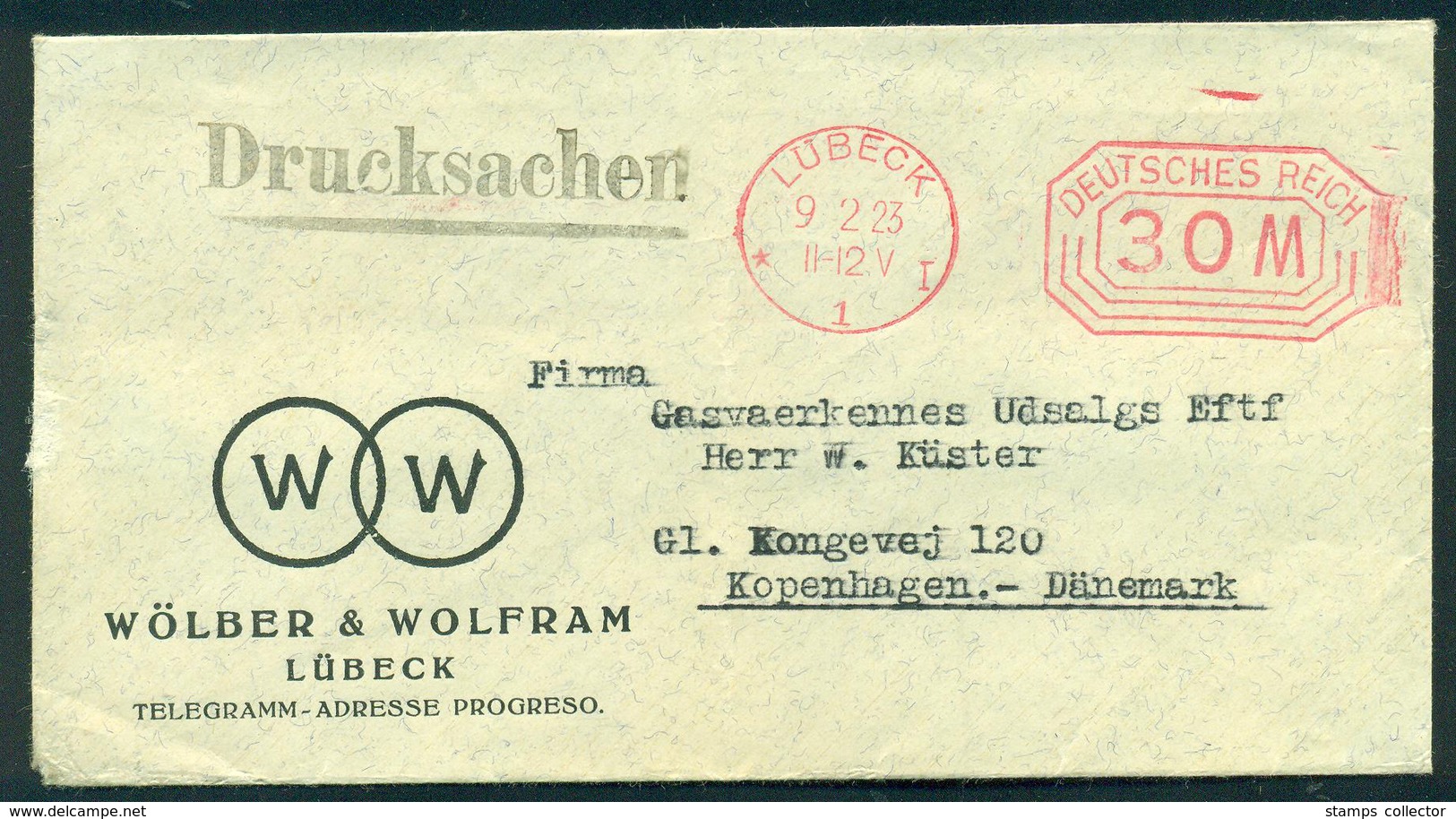 Germany. Infla Werbebrief Mit Freistempel LÛBECK  Im Ort 1923. Drucksache Send To Denmark - Briefe U. Dokumente