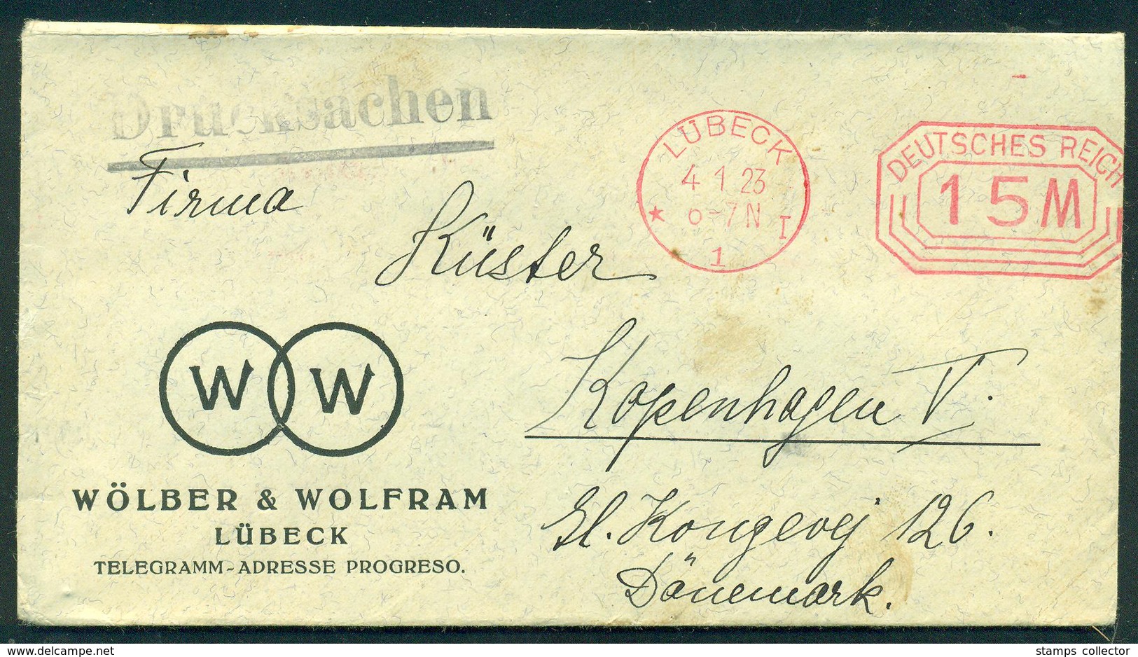 Germany. Infla Werbebrief Mit Freistempel LÛBECK  Im Ort 1923. Drucksache Send To Denmark - Briefe U. Dokumente