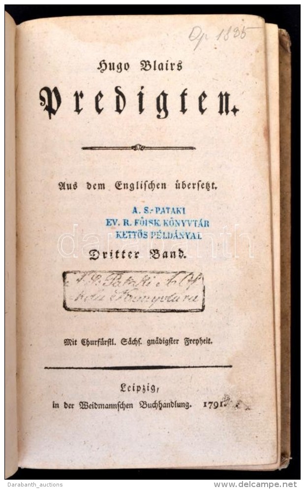 Hugo Blair (1718-1800): Predigten. III. K&ouml;tet. Leipzig, 1791, Weidmannsche Buchhandlung. Korabeli Kopottas... - Non Classificati