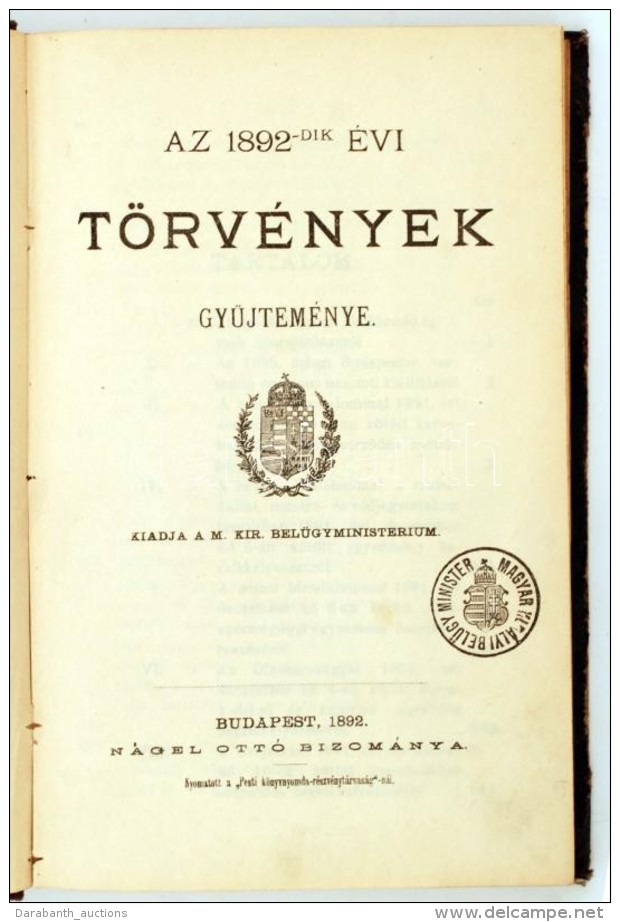 Az 1892-dik &eacute;vi T&ouml;rv&eacute;nyek GyÅ±jtem&eacute;nye. Bp., 1892, M. Kir. Bel&uuml;gyministerium... - Non Classificati