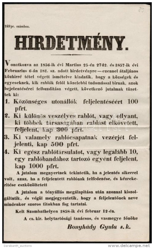 1858 Hirdetm&eacute;ny Rabl&oacute;k &eacute;s M&aacute;s GonosztevÅ‘k K&ouml;r&ouml;z&eacute;se... - Altri & Non Classificati