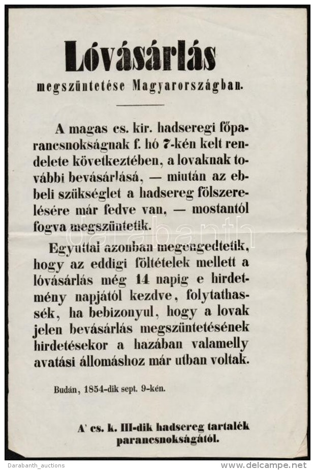 1854 Hirdetm&eacute;ny L&oacute;v&aacute;s&aacute;rl&aacute;s Megsz&uuml;ntet&eacute;se T&aacute;rgy&aacute;ban... - Altri & Non Classificati