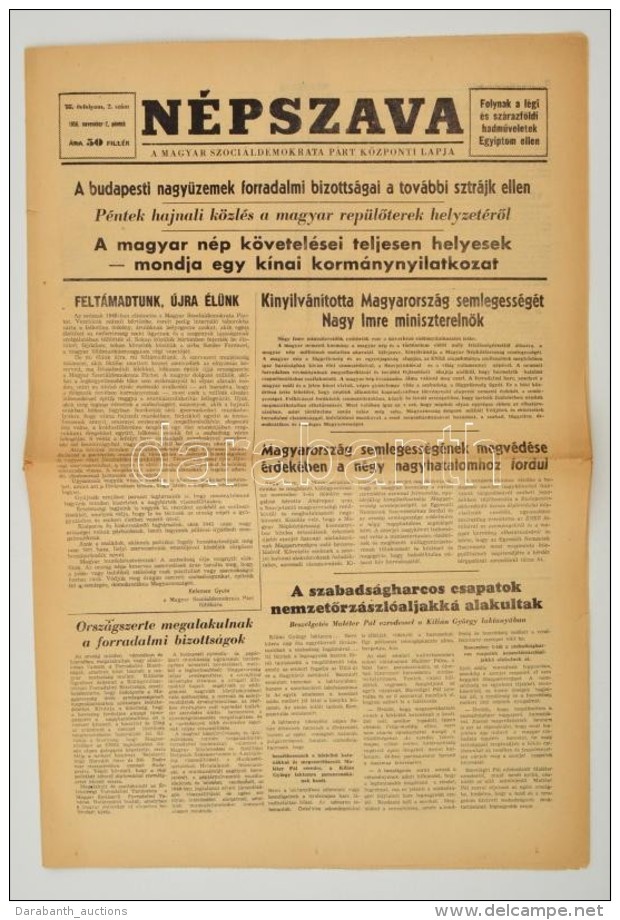 1956 A N&eacute;pszava, A Magyar Szoci&aacute;ldemokrata P&aacute;rt K&ouml;zponti Lapja November 2-diki... - Non Classificati