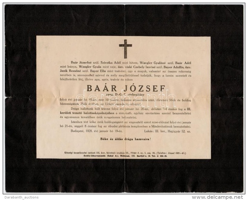 1928 Ba&aacute;r J&oacute;zsef (1872-1928) DGT R&eacute;vkapit&aacute;ny Gy&aacute;szjelent&eacute;se - Non Classificati