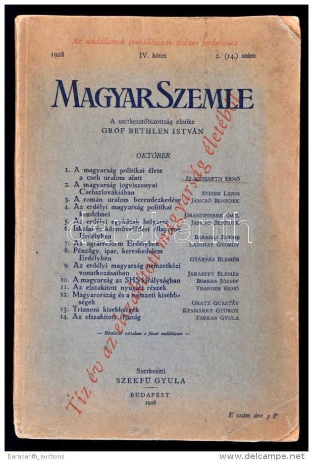 1928 Magyar Szemle. 1928. Okt&oacute;ber IV. K&ouml;tet. 2.(14.) Sz&aacute;m. Szerk.: SzekfÅ± Gyula. Bp., Magyar... - Non Classificati