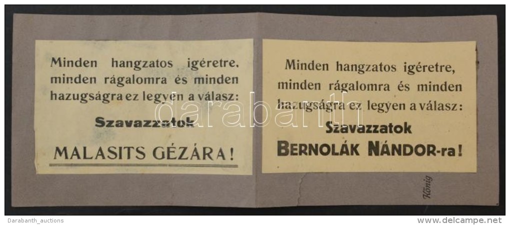 Cca 1922 Szavazzatok Bernol&aacute;k N&aacute;ndorra / Malasits G&eacute;z&aacute;ra. 2 Felragasztott... - Non Classificati