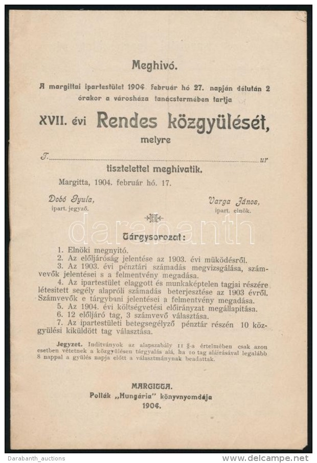 1904 Megh&iacute;v&oacute; A Margittai Ipartest&uuml;let K&ouml;zgyÅ±l&eacute;s&eacute;re 12p. - Non Classificati