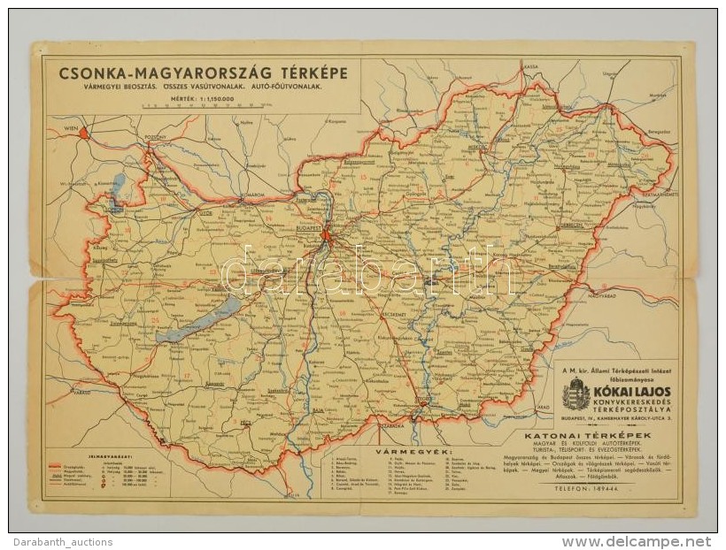 Cca 1920 Csonka-Magyarorsz&aacute;g, V&aacute;rmegyei Beoszt&aacute;s, Vas&uacute;tvonalak,... - Altri & Non Classificati