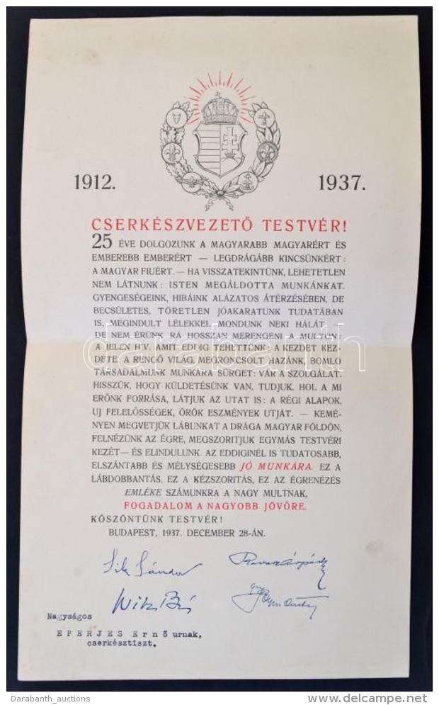 1937 Cserk&eacute;szvezetÅ‘ Testv&eacute;r! Eml&eacute;plap, S&iacute;k S&aacute;ndor, Ravasz &Aacute;rp&aacute;d,... - Scoutismo