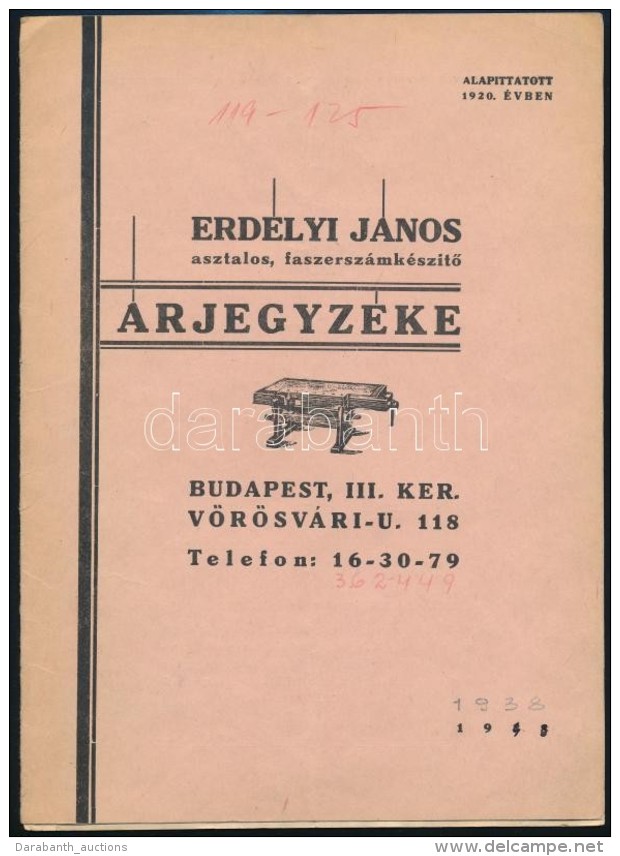 1938 Erd&eacute;lyi J&aacute;nos Asztalos, Faszersz&aacute;mk&eacute;sz&iacute;tÅ‘ &aacute;rjegyz&eacute;ke, 8 P. - Pubblicitari