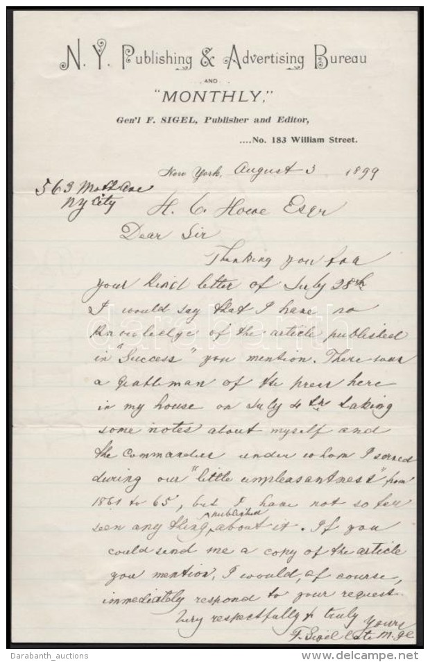 1899 Franz Sigel (1824-1902): 1848-as N&eacute;met Szabads&aacute;gharcos, K&eacute;sÅ‘bb Amerikai T&aacute;bornok... - Non Classificati