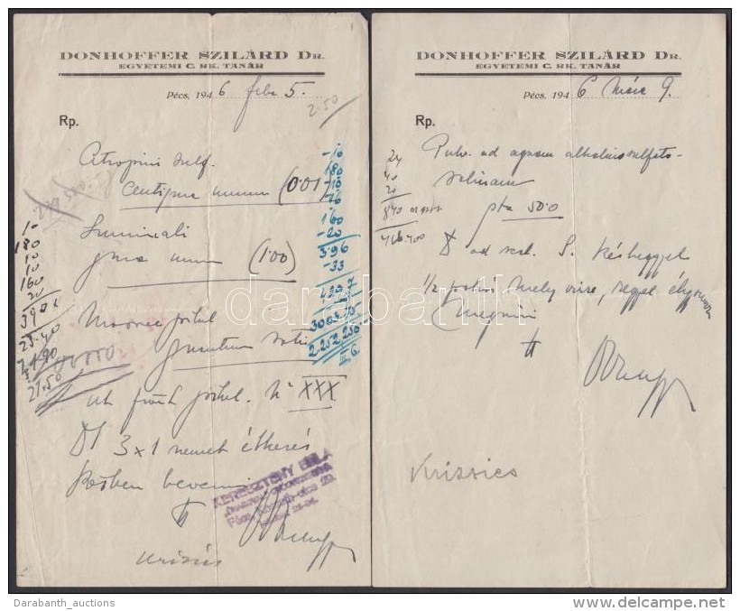 1946-47 Receptek, Dr. Donhoffer Szil&aacute;rd Egyetemi C. Rk. Tan&aacute;r, P&eacute;cs, 2db + Dr.... - Non Classificati