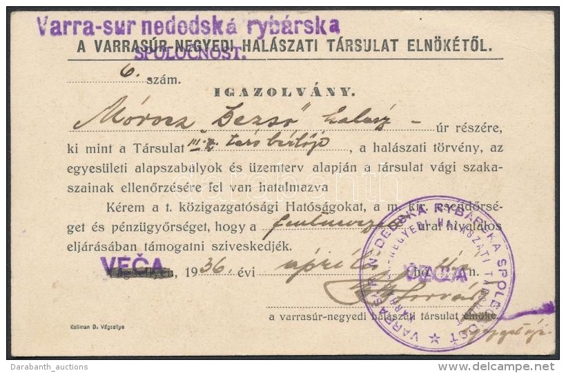 1936 Varras&uacute;r-Negyedi Hal&aacute;szati T&aacute;rsulat Igazolv&aacute;nya, Pecs&eacute;ttel,... - Non Classificati